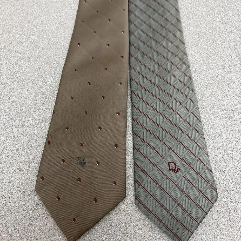 Lot Of 2 Christian Dior Tie Necktie, Silk Blend, Beige, Gray, Embroidered Logo
